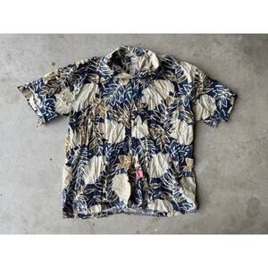 SPLATT Fine Resort Wear Vintage Aloha Shirt - Blue/Tan Leaf Print - XL